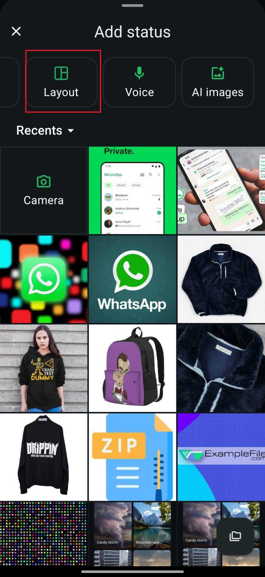 Showing the option of Layout in WhatsApp Status Screen