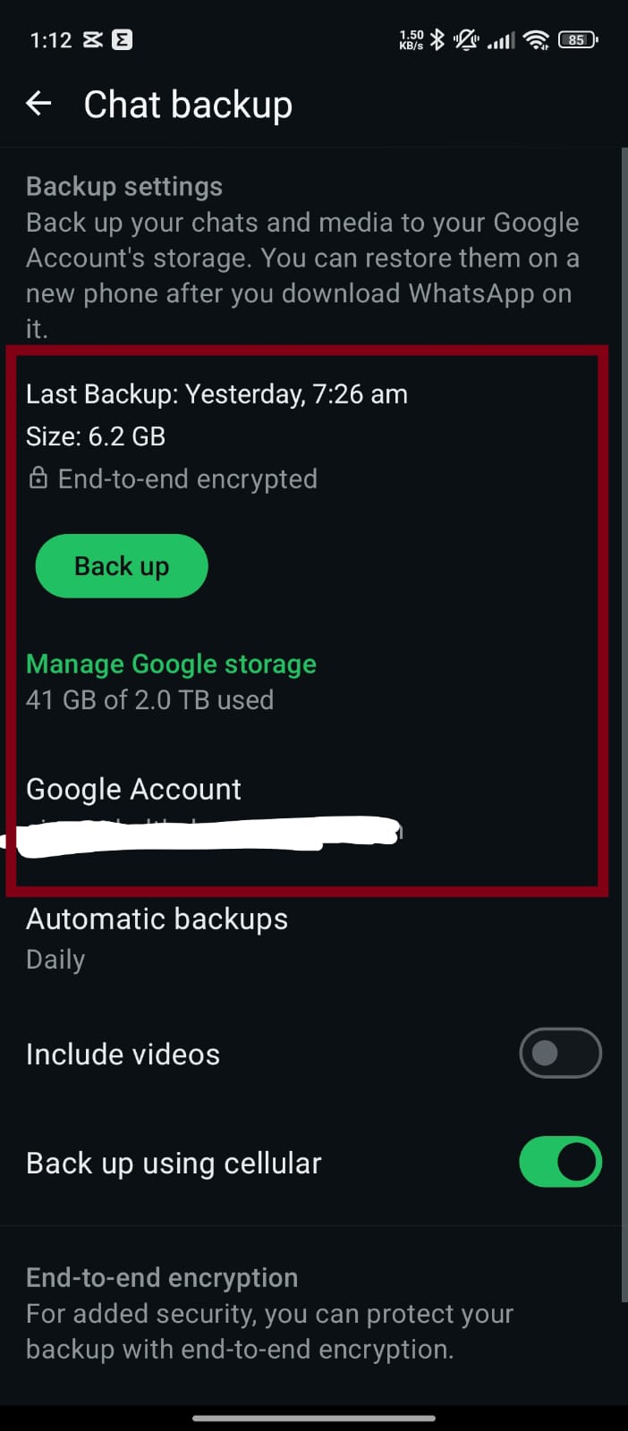 Chat backup screen