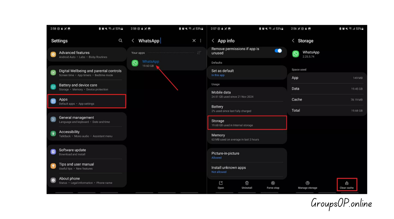 Android → App Settings → Clear Cache