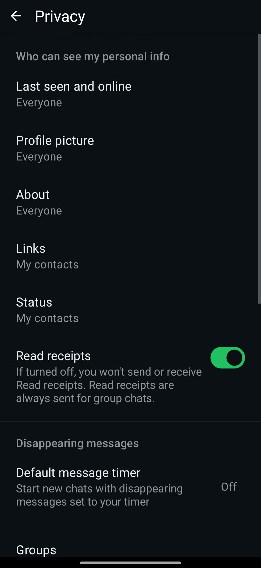 WhatsApp → Settings → Privacy → Status]