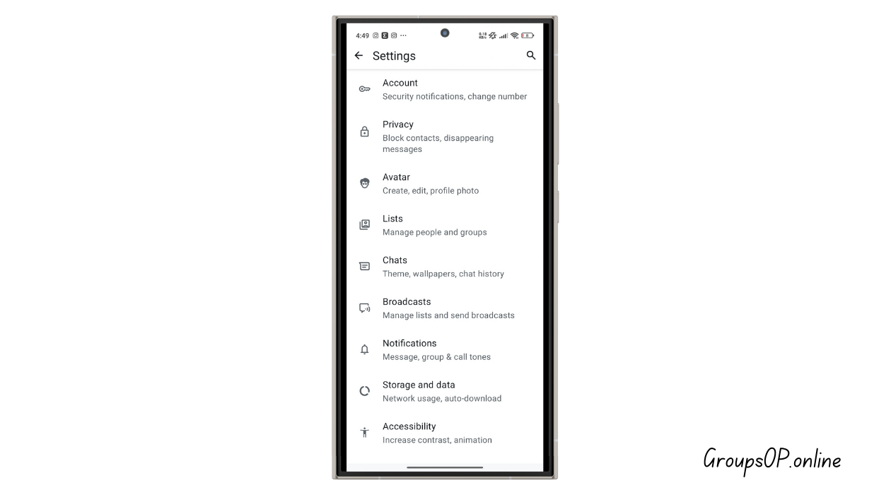 WhatsApp → Settings Screen