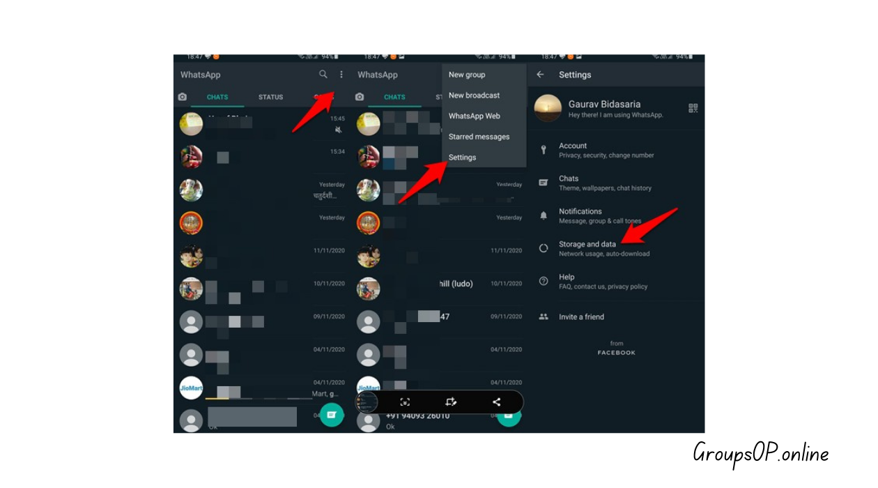 WhatsApp → Settings → Storage Manager