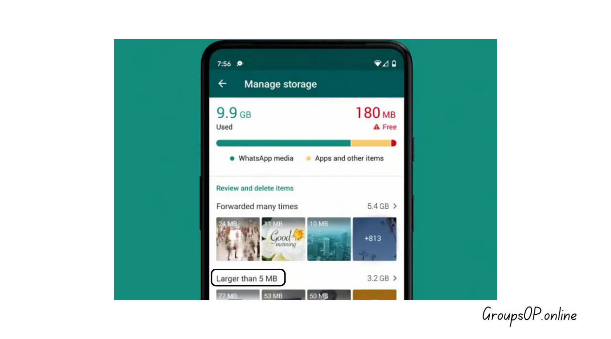 WhatsApp → Settings → Storage Manager -> large files